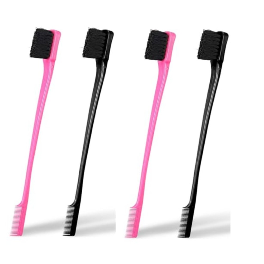 Soft \'N Style Double Sided Edge Control Hair Brush Comb Combo Pack 4 Pieces Pink and Black