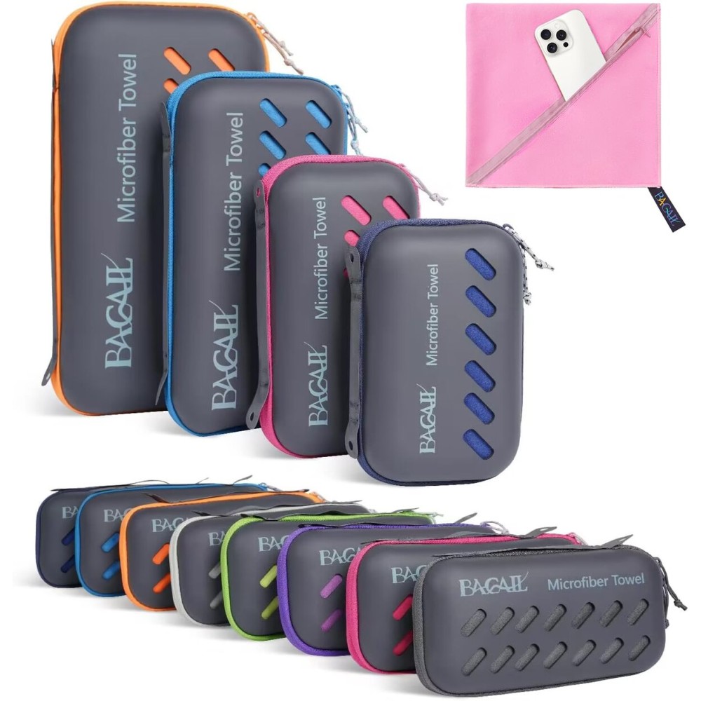 BAGAIL Camping Towel with EVA Case, Compact & Ultra Soft Microfiber Travel Towel - Super Absorbent & Lightweight Quick Dry Towels for Sports, Beach, Gym, Backpacking, Hiking and Yoga - Pink, XXS