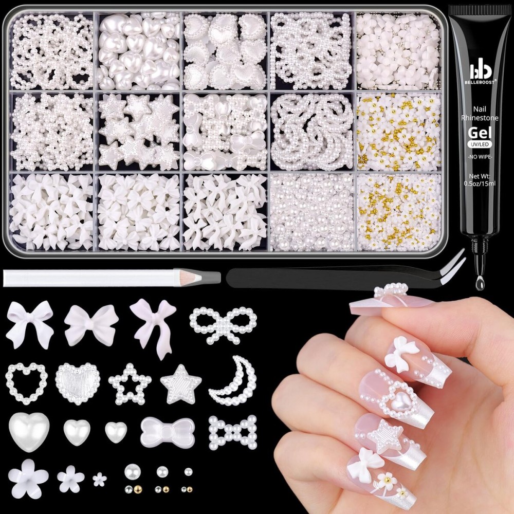 3D Nail Charms for Coquette Nails Design with Rhinestone Glue Set 3, White Nail Bow Charms + Pearl Heart Star Moon Bowknot Nail Jewels + 3D Flowers and Pearls, with Picker Tools for Nail Decor