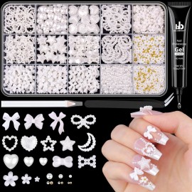 3D Nail Charms for Coquette Nails Design with Rhinestone Glue Set 3, White Nail Bow Charms + Pearl Heart Star Moon Bowknot Nail Jewels + 3D Flowers and Pearls, with Picker Tools for Nail Decor