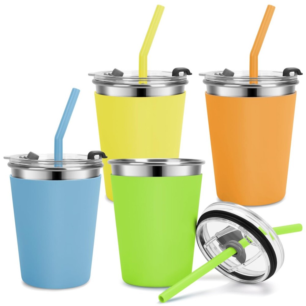 Vermida Kids Cups with Straws and Lids Leak Proof, 12oz Sippy Cups for Toddlers 1-3, 4 Pack Spill Proof Cup Stainless Steel Kids Cups with Lids for School, Outdoor