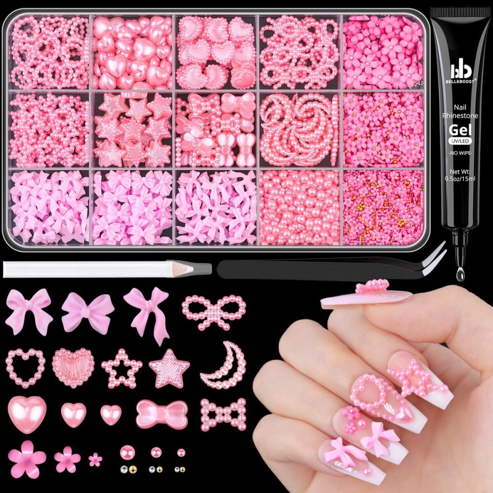 3D Nail Charms for Coquette Nails Design with Rhinestone Glue Set 4, Pink Nail Bow Charms + Pearl Heart Star Moon Bowknot Nail Jewels + 3D Flowers and Pearls, with Picker Tools for Nail Decor