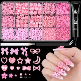 3D Nail Charms for Coquette Nails Design with Rhinestone Glue Set 4, Pink Nail Bow Charms + Pearl Heart Star Moon Bowknot Nail Jewels + 3D Flowers and Pearls, with Picker Tools for Nail Decor