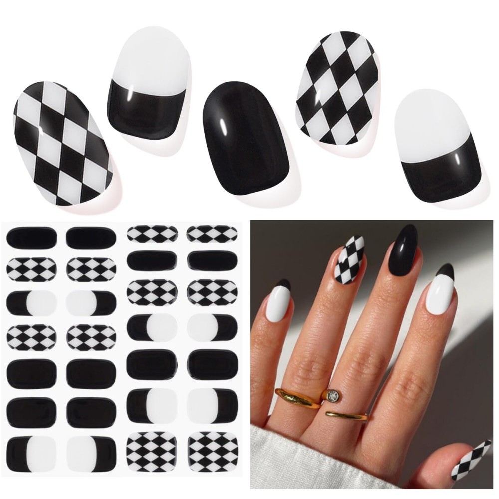 DUKASOU Semi Cured Gel Nail Strips, Checkerboard | 28 pcs Gel Nail Strips Work with Any UV Lamp, Salon Quality UV Nails Stickers, Easy to Apply for Home Nails DIY