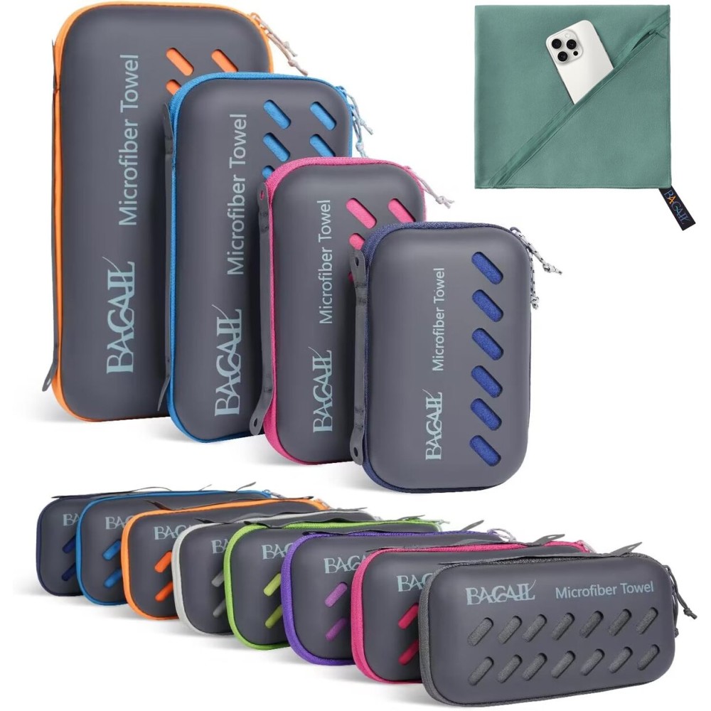 BAGAIL Camping Towel with EVA Case, Compact & Ultra Soft Microfiber Travel Towel - Super Absorbent & Lightweight Quick Dry Towels for Sports, Beach, Gym, Backpacking, Hiking - Grayish Green, XS