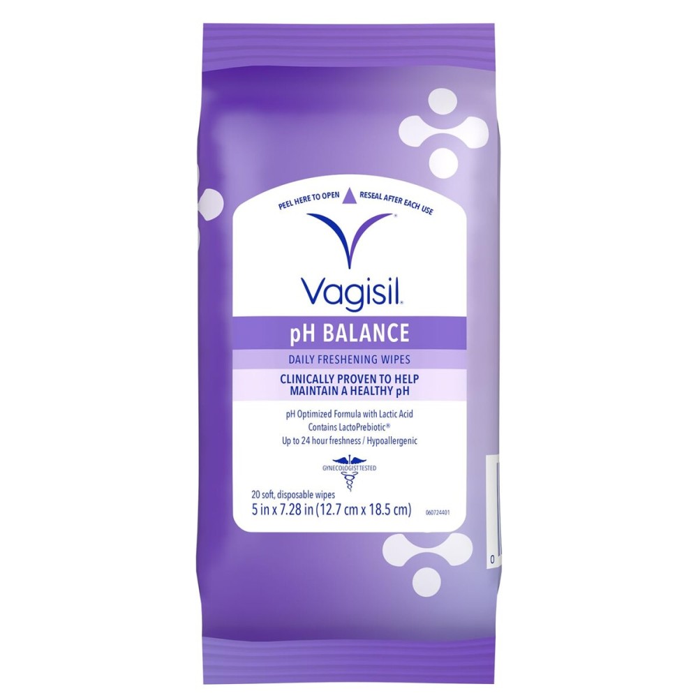 Vagisil pH Balance Daily Freshening Wipes for Feminine Hygiene in Resealable Pouch, Gynecologist Tested & Hypoallergenic, 20 Wipes (Pack of 1)