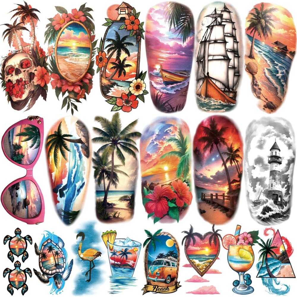 77 Sheets Temporary Tattoo, Sunset Sunglasses Beach Flower Palm Tree Hawaiian Themed Waterproof Fake Tattoos, Holiday Temporary Tattoos for Men Women Kids Party and Goody Bag Stuffers
