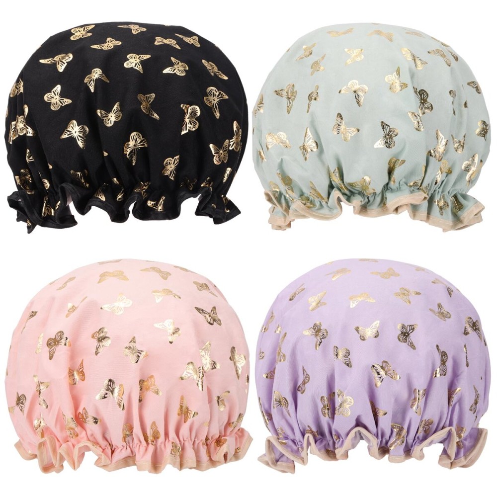 4 Pcs Shower Caps Hat for Women and Girl, Reusable Waterproof Bath Cap Double Waterproof Layers Butterfly