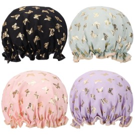 4 Pcs Shower Caps Hat for Women and Girl, Reusable Waterproof Bath Cap Double Waterproof Layers Butterfly