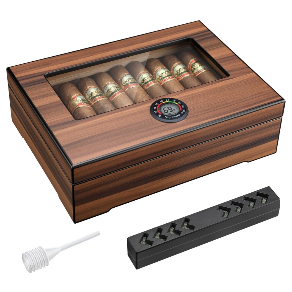 TISFA Cigar Humidor Box Handmade Cigar Case with Humidifier and Hygrometer, Desktop Cedar Wood Cigar Box with Divider, Cigar Accessories for Men, Humidors Cigar Gifts for 20-30 Cigars (Woodgrain)