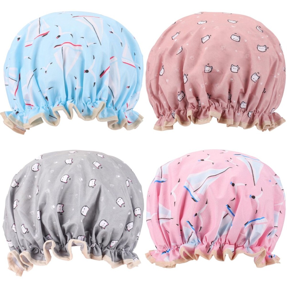 4 Pcs Shower Caps Hat for Women and Girl, Reusable Waterproof Bath Cap Double Waterproof Layers Cat and Boat Pattern