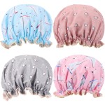 4 Pcs Shower Caps Hat for Women and Girl, Reusable Waterproof Bath Cap Double Waterproof Layers Cat and Boat Pattern