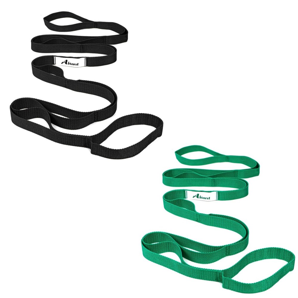 Abiarst Stretching Strap Yoga Straps for Physical Therapy, 10 Loops Non-Elastic Stretch Band for Pilates, Flexibility, Exercise and Gymnastics (2-Pack (Black+Green))