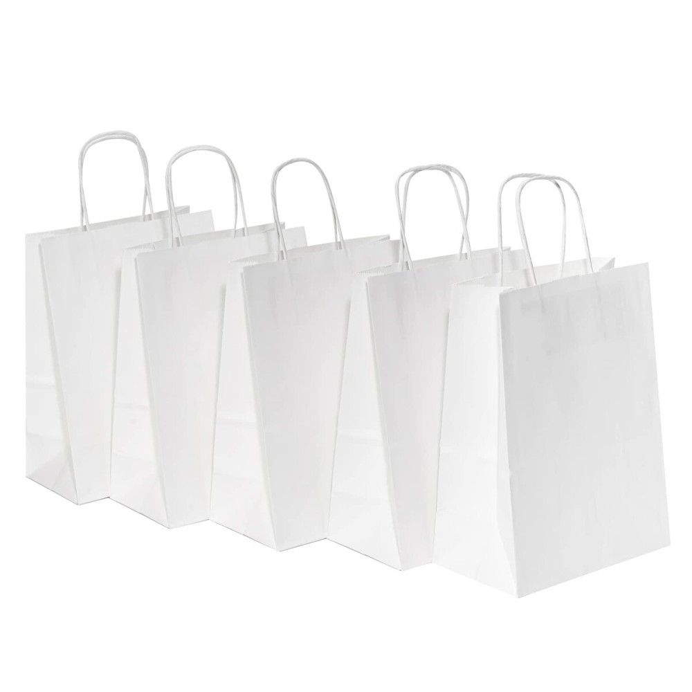 RACETOP 50 Pack 8x4.5x10.8 Inch Medium White Kraft Paper Bags with Handles Bulk, Paper Gift Bags for Birthday Party Favors Grocery Retail Shopping Business Goody Craft Bag