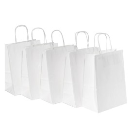 RACETOP 50 Pack 8x4.5x10.8 Inch Medium White Kraft Paper Bags with Handles Bulk, Paper Gift Bags for Birthday Party Favors Grocery Retail Shopping Business Goody Craft Bag