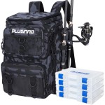 PLUSINNO Fishing Backpack with Rod Holders, 42L Large Water-Resistant Tackle Bag for Camping, Hiking, Gifts - Black Camo (4 Tackle Boxes)