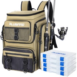 PLUSINNO Fishing Backpack with Rod Holders, 42L Large Water-Resistant Tackle Bag for Fishing, Camping, Hiking, Gifts, Khaki (4 Tackle Boxes Included), 36,6 x 25,4 x 45,7 cm, Sporty, functional