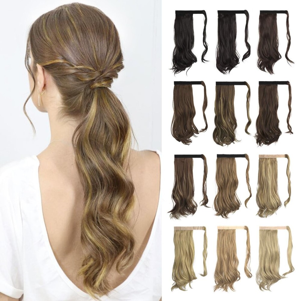 SOFEIYAN Curly Ponytail Extension 15 Inch Heat Resistant Synthetic Natural Wavy Hairpiece Wrap Around Pony Tail Hair Extensions for White Black Women Hair Piece, Brown Mixed Blonde