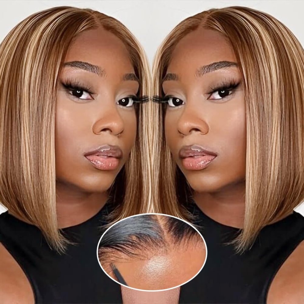 GUDOZO Ombre Glueless Wigs Human Hair Pre Plucked Pre Cut 180% Density Bob Wig Human Hair Glueless 4/27 Highlight Honey Blonde Lace Front Bob Wigs Human Hair 9x6 HD Lace Front Wigs Human Hair 10inch
