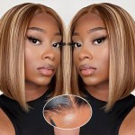 GUDOZO Ombre Glueless Wigs Human Hair Pre Plucked Pre Cut 180% Density Bob Wig Human Hair Glueless 4/27 Highlight Honey Blonde Lace Front Bob Wigs Human Hair 9x6 HD Lace Front Wigs Human Hair 10inch