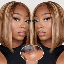 GUDOZO Ombre Glueless Wigs Human Hair Pre Plucked Pre Cut 180% Density Bob Wig Human Hair Glueless 4/27 Highlight Honey Blonde Lace Front Bob Wigs Human Hair 9x6 HD Lace Front Wigs Human Hair 10inch