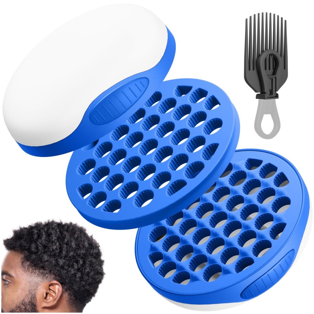 Silicone Curling Brush with Pick Comb and Spiralized Cavities - Two-Sided Hair Tool for Afro Curls, Small Holes Curler for All Genders, Blue, 1 Piece