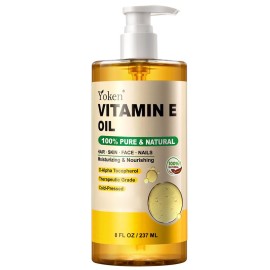 Yoken Vitamin E Oil 8 Oz Organic Vitamin E oil for Skin Vitamine oils for Face Perfect Bath and Body Oil Cold Pressed Hexane Free Non-GMO Gluten Free Formula