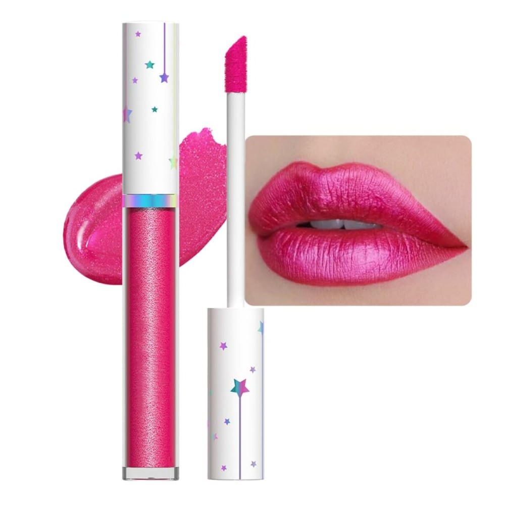 evpct 1Pcs Hot Pink Metallic Glitter Lip Gloss Stain lip color Lipstick for Women Long Lasting Waterproof 24, Rose Pink Frosted Metallic Shimmer Chrome iridescent Liquid Lipstick Lip Gloss Makeup, 01