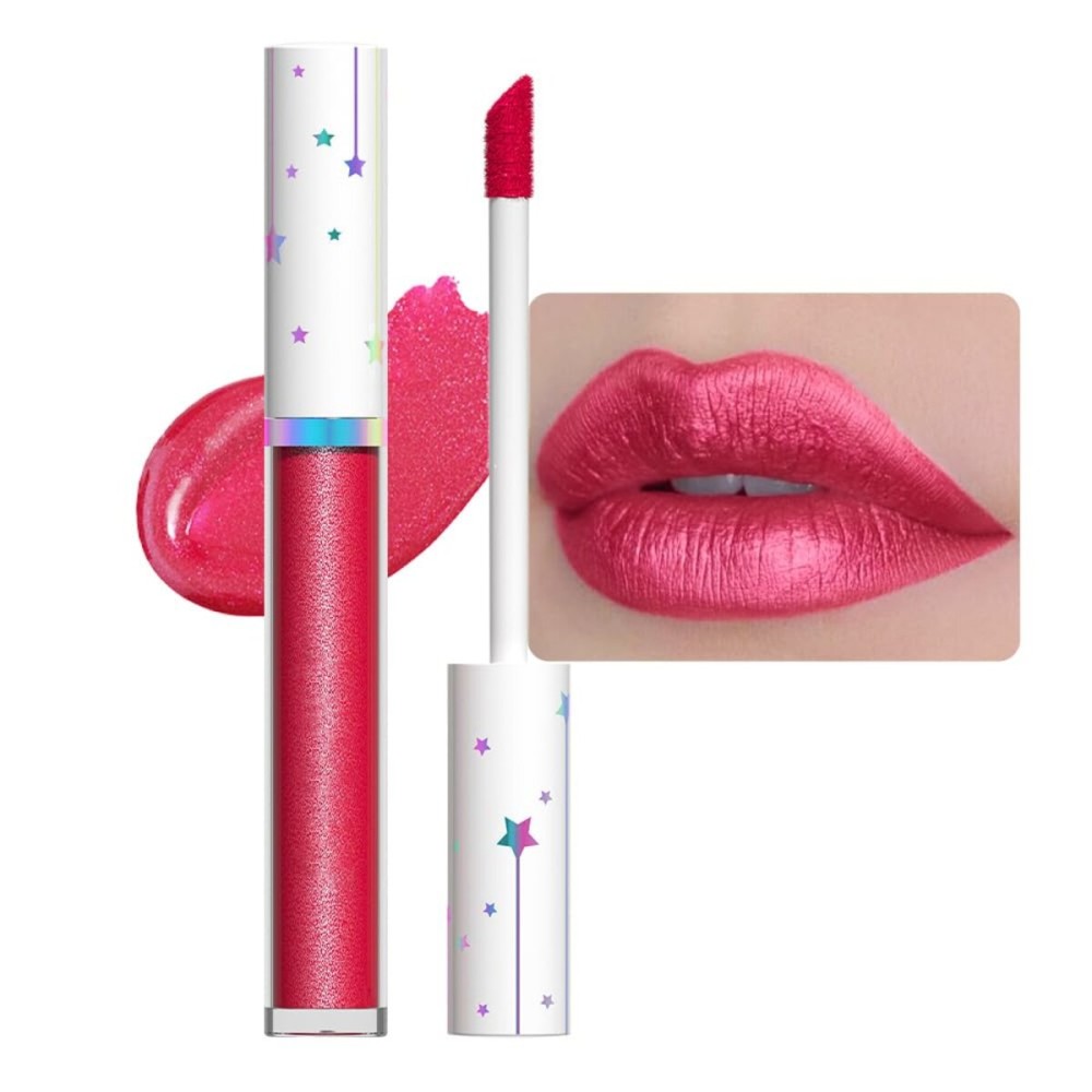 evpct 1Pcs Ruby Rose Red Glitter Metallic Lip Gloss Stain Lipstick for Women Long Lasting Waterproof 24, Sexy Red Frosted Metallic Shimmer Chrome iridescent Liquid Lipstick Lip Gloss Makeup, 07