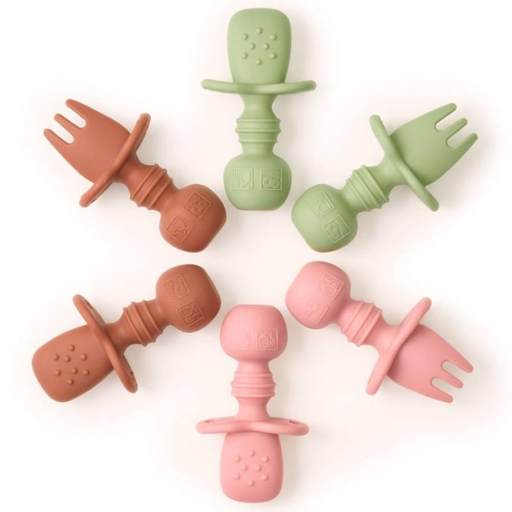 Tooshka Baby Utensil Set (6 pcs) - Self Feeding Spoons - Silicone & BPA Free - Baby-Led Weaning (BLW) Supplies - Ages 6+ Months - Set of 6 - Brown, Green, & Blue