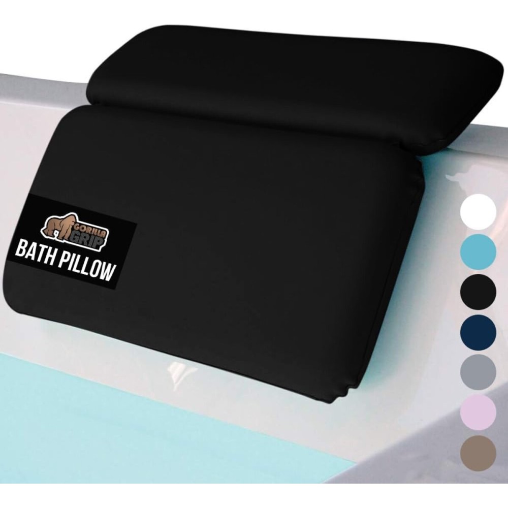 GORILLA GRIP Bath Pillow for Tub, Improved Suction Cups, Luxury Bathtub Pillows, Headrest for Neck and Back Support, Relaxing Home Spa, Hot Tubs and Bathroom Essentials, Gifts for Women, 2 Panel Black