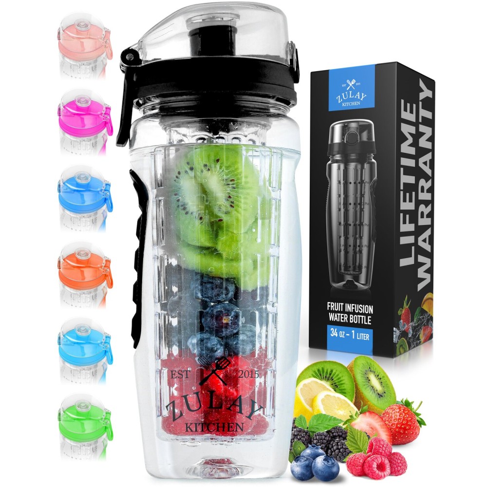 Zulay Kitchen Fruit Infuser Water Bottle - 34oz - Leakproof With Full-Length Infusion Rod - Men Women\'s Ideal Fitness Gift Or For Gym, Camping - Black