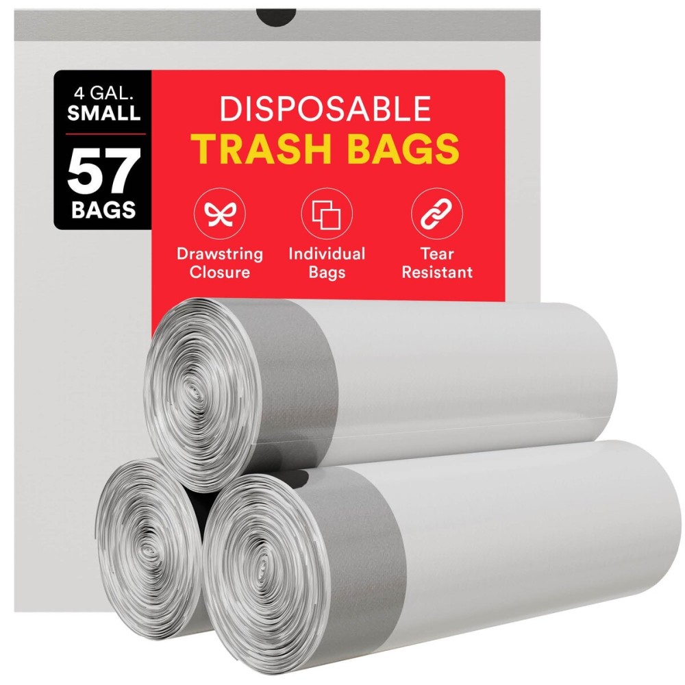 Small Trash Bags 4 Gallon Trash Bags Drawstring - 57 White Unscented Small Garbage Bags | Waste Basket Plastic Trash Can Liners | Bathroom House Cleaning Supplies