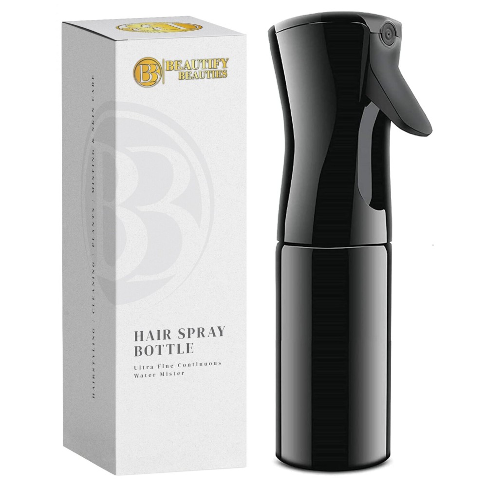 BeautifyBeauties Hair Spray Bottle - Ultra Fine Continuous Water Mister for Hairstyling, Cleaning, Plants, Misting & Skin Care (Black, 6.8 Ounces)