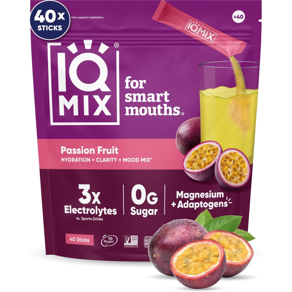 IQMIX Hydration Electrolyte Powder - 4-in-1 Formula for Hydration, Mental Clarity, Mood and Recovery - Sugar-Free Drink Mix, Keto, Magnesium L-Threonate, Lions Mane - 40 Count Passion Fruit