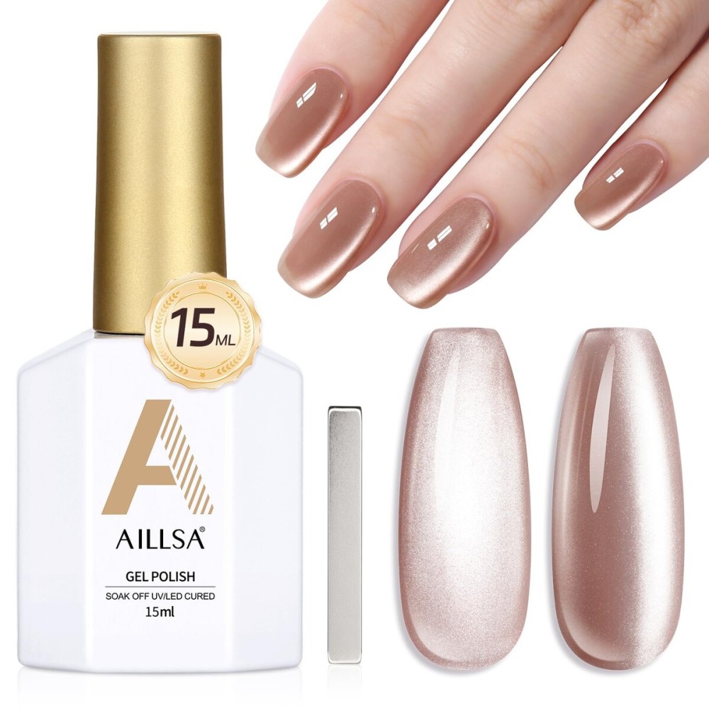 AILLSA Cat Eye Gel Nail Polish Nude Glitter Crystal Polish with Magnet, Jelly Glass Holographic Nail Polish Pearl Shimmer Reflective Translucent Color U V Gel Salon DIY at Home 0.5 OZ GF30