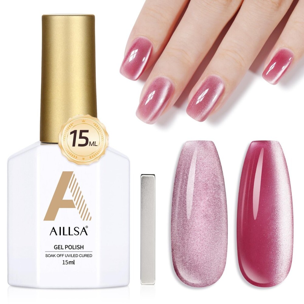 AILLSA Cat Eye Gel Nail Polish Pink Rose Glitter Crystal Polish with Magnet, Nude Burgundy Sparkle Nail Polish Reflective Translucent Jelly Color U V Magnetic Gel Salon DIY at Home 0.5 OZ GF20