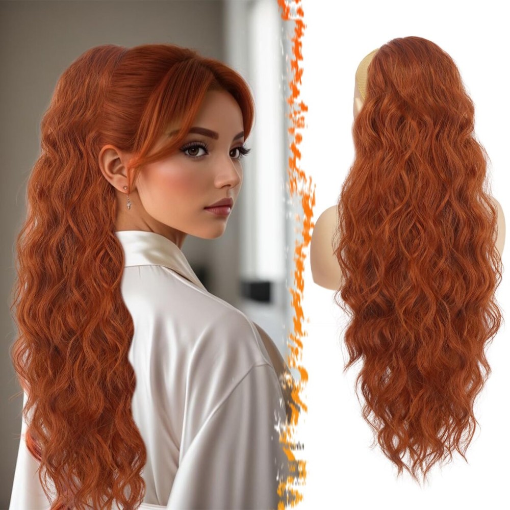 BARSDAR Copper Red Ponytail Extensions - 26 Inch Drawstring Ponytail Hair Extensions for Women - Long Curly Wavy Synthetic Clip in Fake Pony Tails Hairpieces - Copper Red