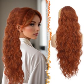 BARSDAR Copper Red Ponytail Extensions - 26 Inch Drawstring Ponytail Hair Extensions for Women - Long Curly Wavy Synthetic Clip in Fake Pony Tails Hairpieces - Copper Red