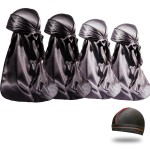 4PCS Silky Durags for Men Women 360 Waves with 1 Wave Cap, Silky Satin Durag Extra Long Tails