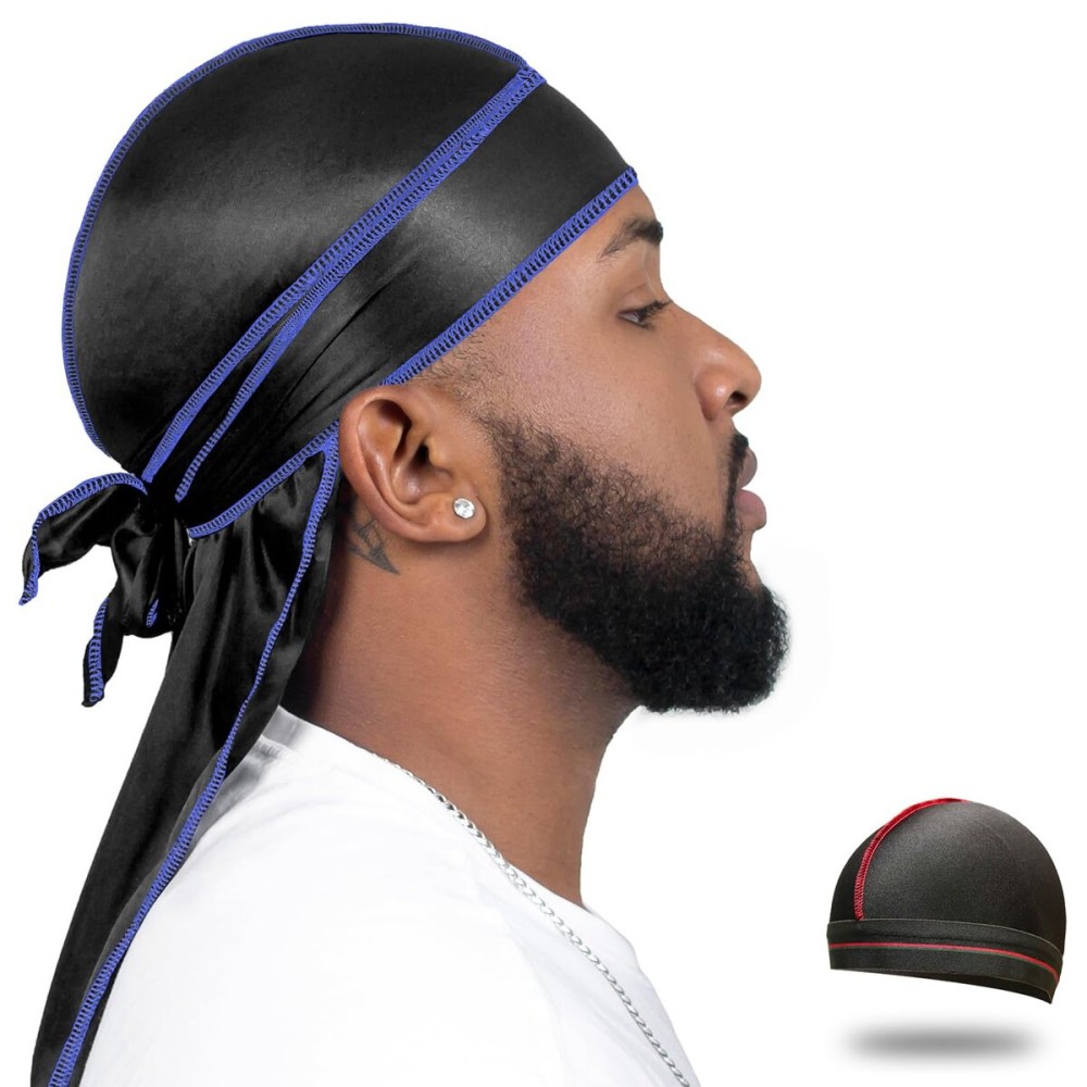 ForceWave Silky Durag for Men Wave Cap Satin Dorag for Men Women 360 Wave (Black with Blue Seam)