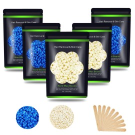 Auperwel Wax Beads for Hair Removal 1.1 lb (17.6 oz), Hard Wax Beads for Sensitive Skin - Brazilian, Face, Bikini, Legs, Eyebrow, Painless Waxing Beads Kit for Women Men, 5 Packs with 10 Wax Sticks