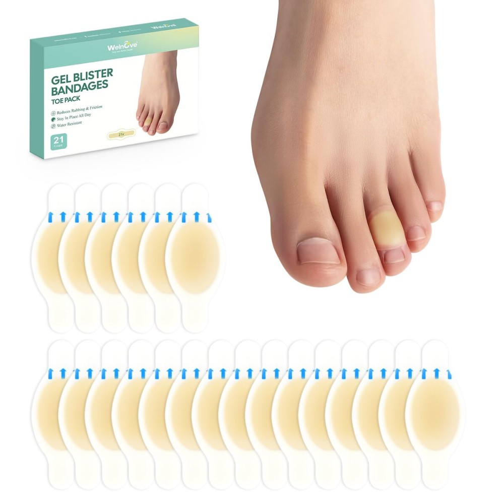 Welnove Gel Blister Bandages for Feet - 21ct Blister Cushion (Toe Pack) for Heel, Toe - Water-Resistant Hydrocolloid Bandages - Blister Pads for Prevention & Recovery