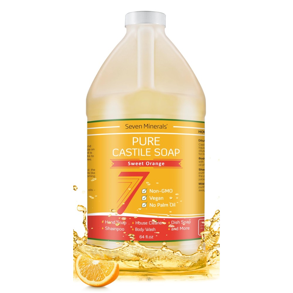 Seven Minerals Pure Castile Soap, Sweet Orange 64oz - No Palm Oil, GMO-Free - Gentle Liquid Soap For Sensitive Skin & Baby Wash - All Natural Vegan Formula with Organic Carrier Oils