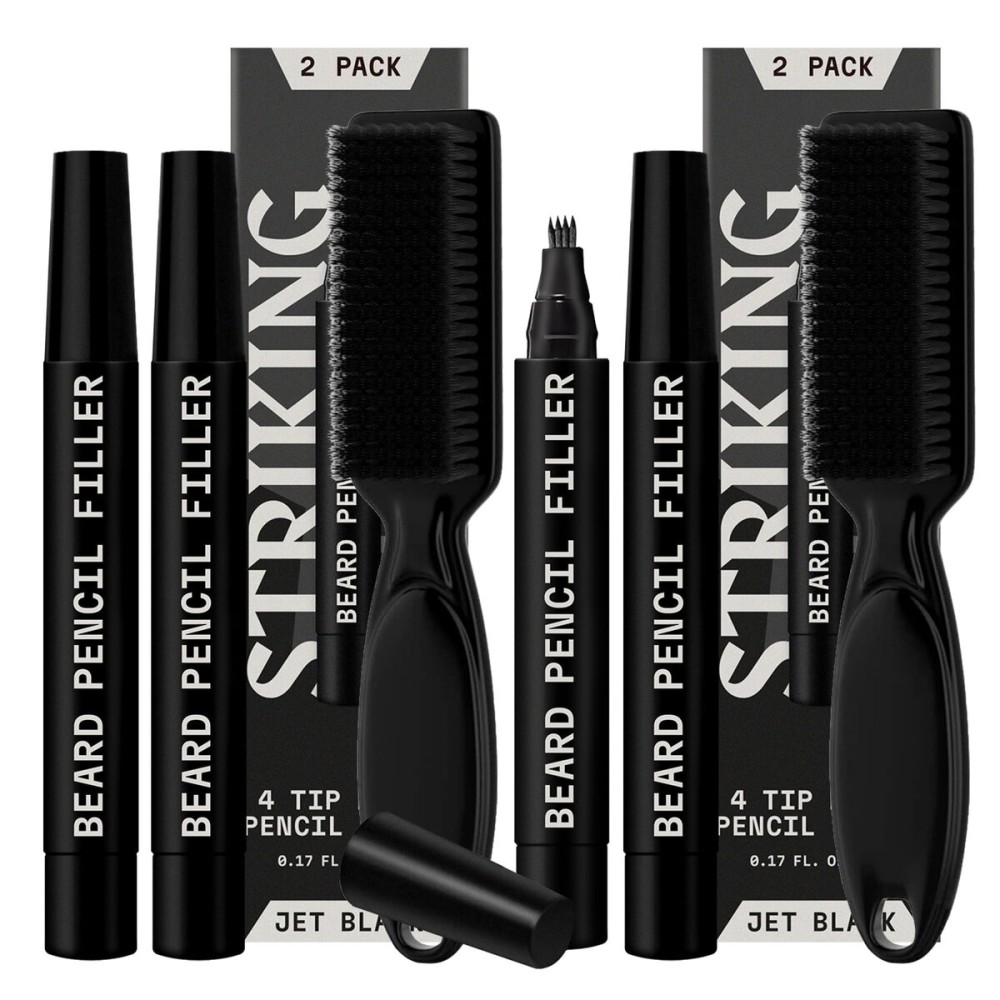 4 Pack Beard Filling Pen Kit with 4 Tips - Waterproof Beard Pencil for Men, Fill, Shape & Define with Brush - Striking Viking (Jet Black)