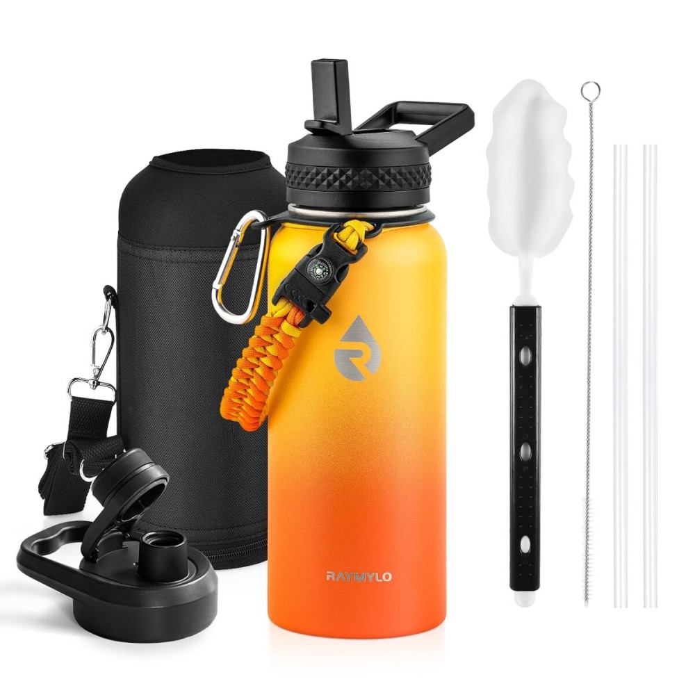 RAYMYLO Insulated Water Bottle 32 oz, Triple Wall Vacuum Stainless Steel (Cold for 48 Hrs), Leak Proof & Non-BPA, Modern Water Flask Jug with Paracord Handle & Straw Spout Lids, Ombre Orange