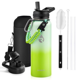 RAYMYLO Insulated Water Bottle 40 oz, Triple Wall Vacuum Stainless Steel (Cold for 48 Hrs), Leak Proof & Non-BPA, Modern Water Flask Jug with Paracord Handle & Straw Spout Lids, Ombre Green