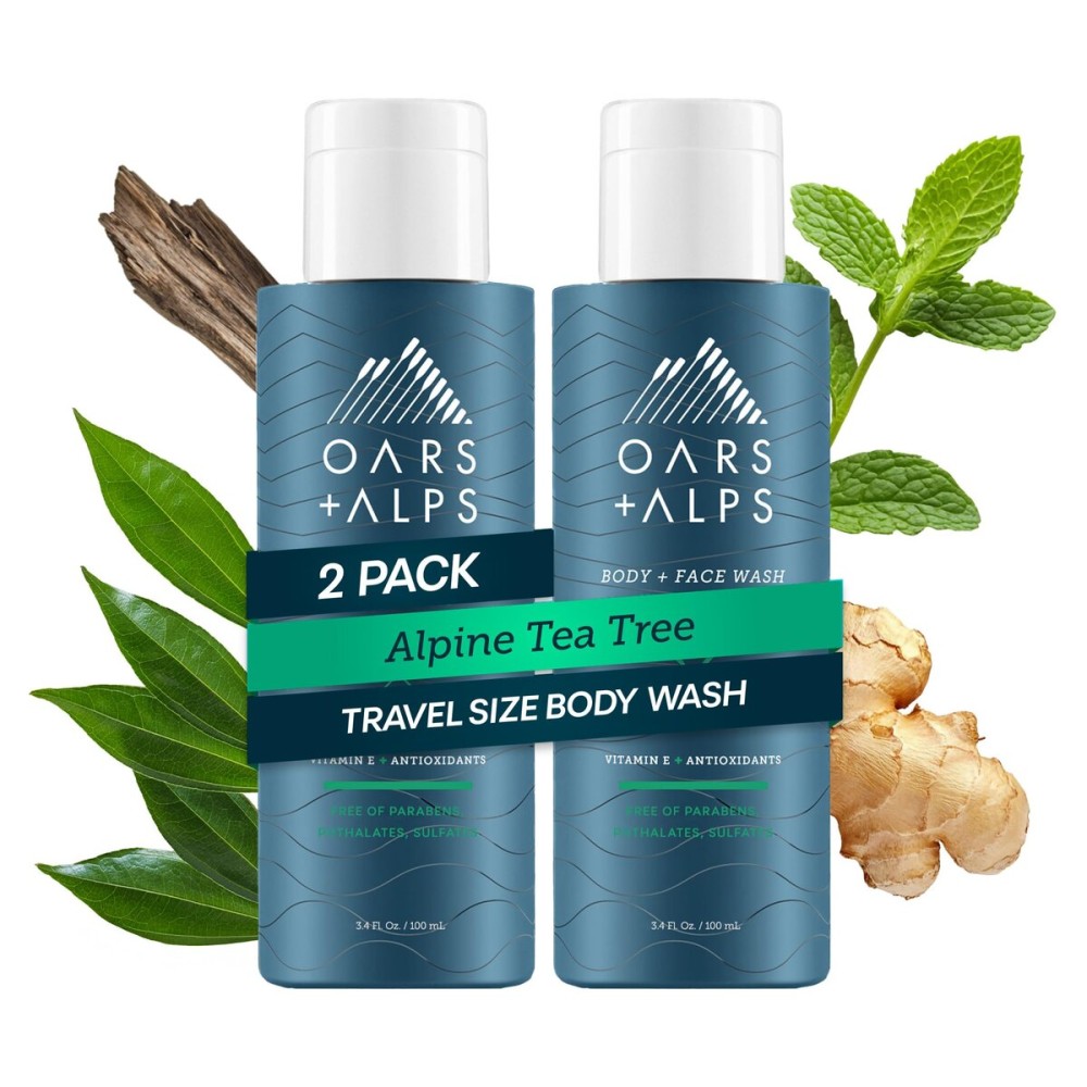 Oars + Alps Mens Moisturizing Body and Face Wash, Skin Care Infused with Vitamin E and Antioxidants, Sulfate Free, Alpine Tea Tree, Travel Size 3.4oz, 2 Pack