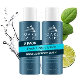 Oars + Alps Mens Moisturizing Body and Face Wash, Skin Care Infused with Vitamin E and Antioxidants, Sulfate Free, Fresh Ocean Splash, Travel Size 3.4oz, 2 Pack
