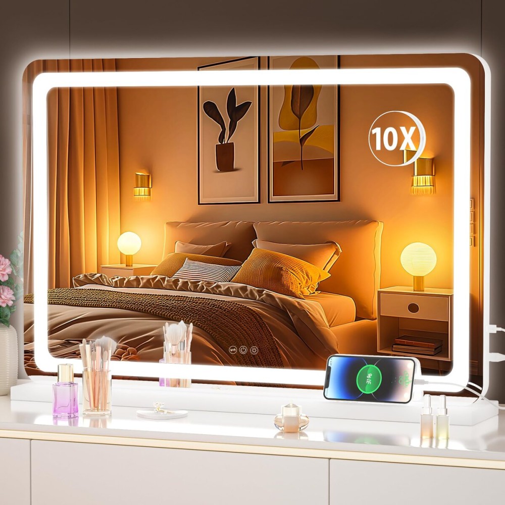 Hasipu Vanity Mirror with Lights, 31.5 x 20 LED Makeup Mirror, Lighted Makeup Mirror with Dimmable 3 Modes, Touch Screen Control Vanity Mirror Round White